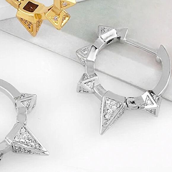Silver Zircon Spiked Minimalist Earrings, Hoop, Huggie - Picture 3 of 4